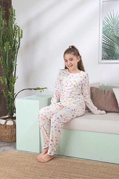 Asel Children's Heart Pattern Lycra Soft Interlock Fabric Long Sleeve Pajama Set