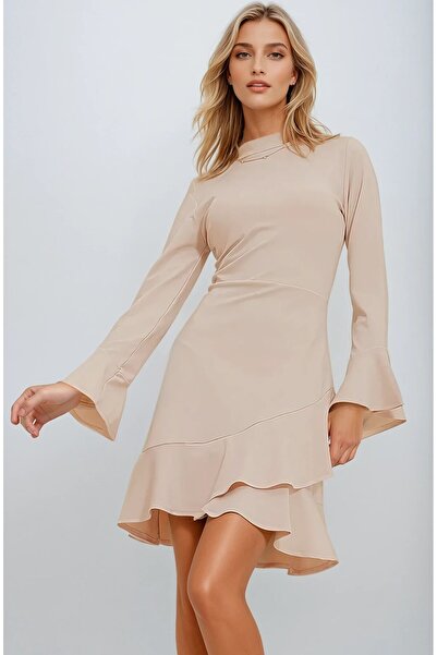 OLSAMODA Γυναικείο φόρεμα με φούστα με μισό λαιμόκοψη και ισπανικό μανίκι από ελαστικό ύφασμα