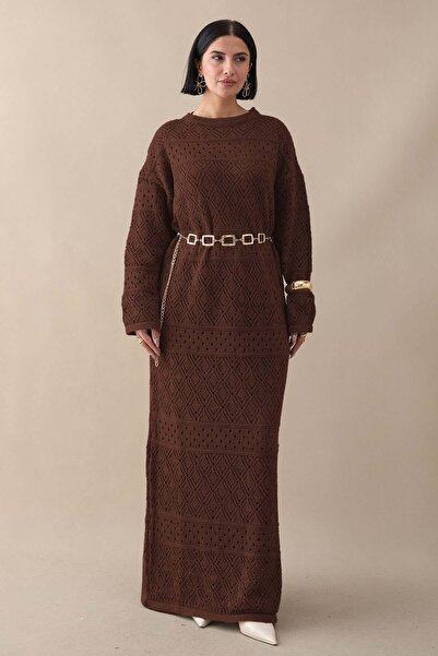 InStyle Patterned Openwork Bitter Brown Knitwear Dress