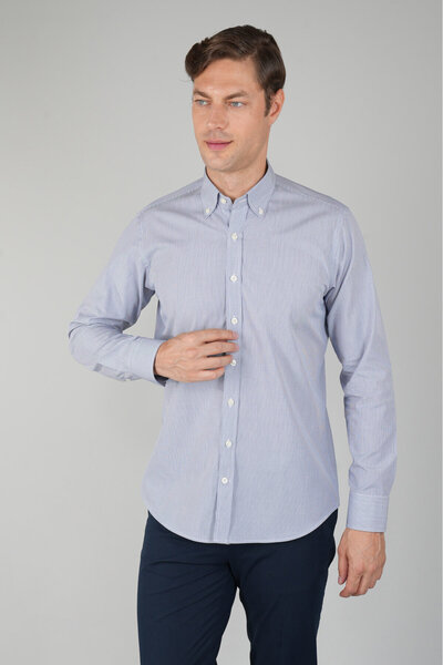 Bisse Long Sleeve Regular Fit Men's Striped Navy Blue Shirt