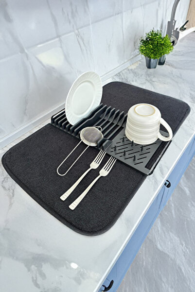 BeeQuin Siyah Mikrofiber Bulaşık Matı Tezgah Üstü Örtü Kurulama Kurutma Bezi ...
