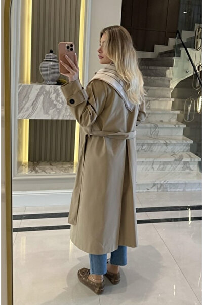 My Blog Bej Fularlı Uzun Trençkot - 7535
