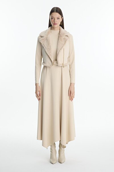 Zühre Peluş Detaylı Elbise Yelek Vanilya Takım TK-1653