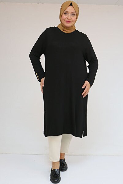 Eslina 58116 Plus Size Strawberry Tunic with Button Detail on Sleeves and Shoulders - Black