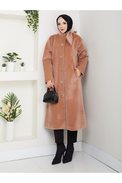 KMKkombin معطف نسائي أنيق من قماش الفوكس مع أزرار وتصميم فيونكة