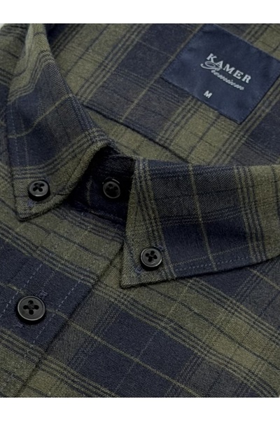 KAMER Men's Regular Fit Winter Long Sleeve Button-Up Collar Single Pocket Plaid Green Shirt 3563Y