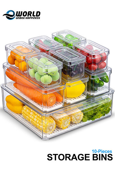 Eworld مجموعة من 10 منظمات للثلاجة مع أغطية، صناديق تخزين قابلة للتكديس خالية...