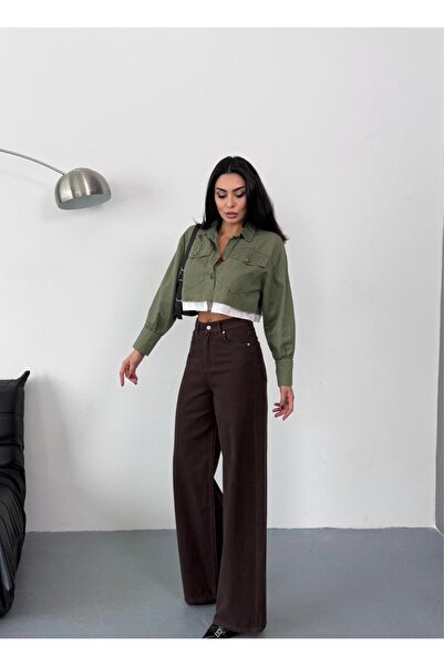 Zeo Basic KADIN KAHVERENGİ BAGGY JEAN YÜKSEK BEL GENİŞ PAÇA KOT PANTOLON
