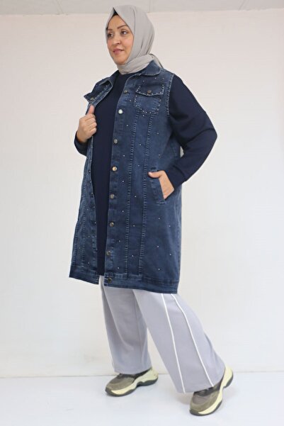 Eslina 54007 Plus Size Double Pocket Pearl Studded Denim Vest - Snow Wash Navy Blue