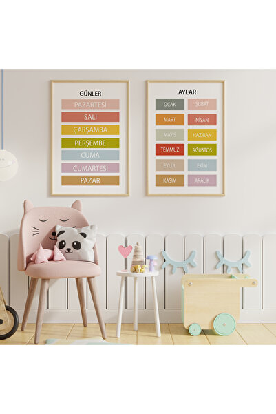 Eğitici Tablolar - Günler ve Aylar - Doğal Ahşap Çerçeveli, Bebek Ve Çocuk Odası Tablo Seti