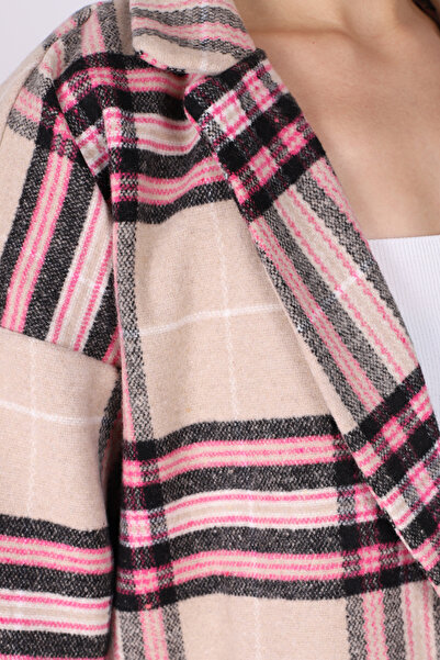 armonika Women's Light Beige Men's Collar Oversize Jacket with Slits on the Sides Arm-26K001009