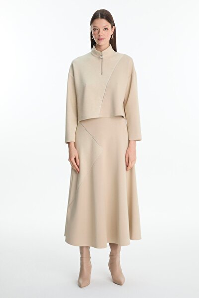 Zühre Stand Collar Color Block Beige Double Suit Tk-1180