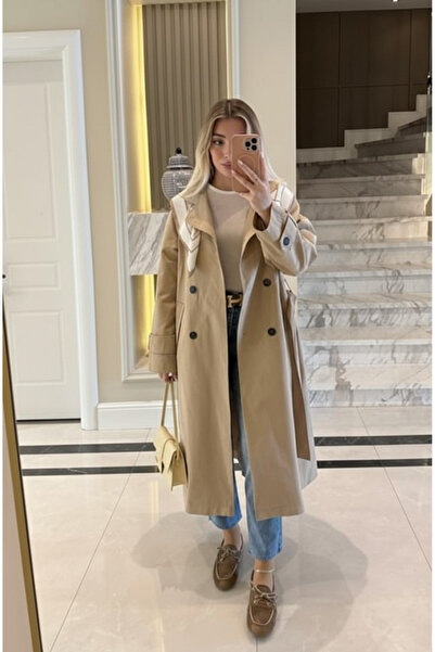 My Blog Bej Fularlı Uzun Trençkot - 7535