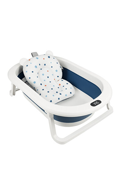 BABYCAİS Cadă de baie pliabilă pentru bebeluși cu pernă, termometru digital, picioare antiderapante, design ergonomic, albastră