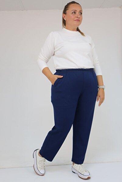 Eslina 59029 Plus Size Elastic Waist Pipe Leg Modal Pants - Indigo