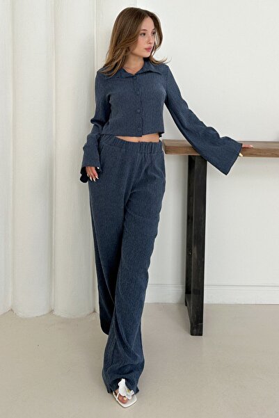 VAGGON Women's Indigo Wide Sleeve Crop Shirt and Elastic Waist Trousers Ribbed Suit Vs01256