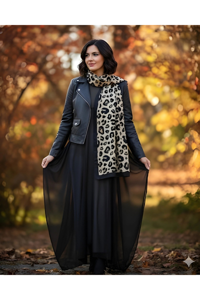 tarzınısec Black Leopard / Cupra Satin Accessory Shawl Scarf Estascraf 180X70Cm