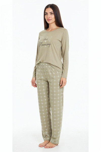 Bravie Elite Viscose Long Pajama Set with Six Square Patterns and Writing on Top Green 3554