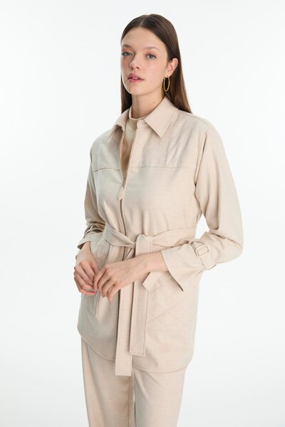 Zühre Zipper and Belt Detailed Jacket Pants Double Vanilla Set Tk-1634