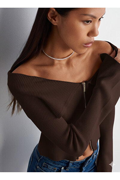 Dilvin 60252 Bardot Yaka Fermuarlı Triko Hırka-DARK BROWN
