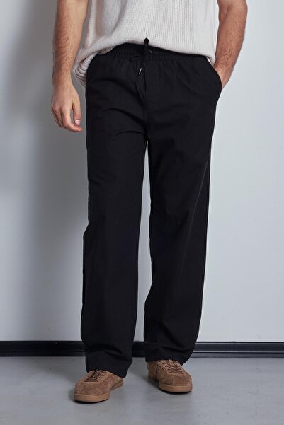 ablukaonline Men's Linen Look Elastic Waist Baggy Trousers Black