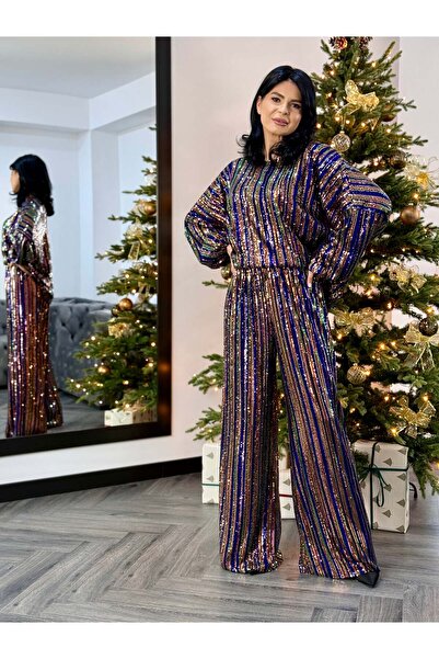 RAMONA BADESCU EXCLUSIVE Women's Two-Piece Suit with Multicolored Sequins and Wide Leg Pants