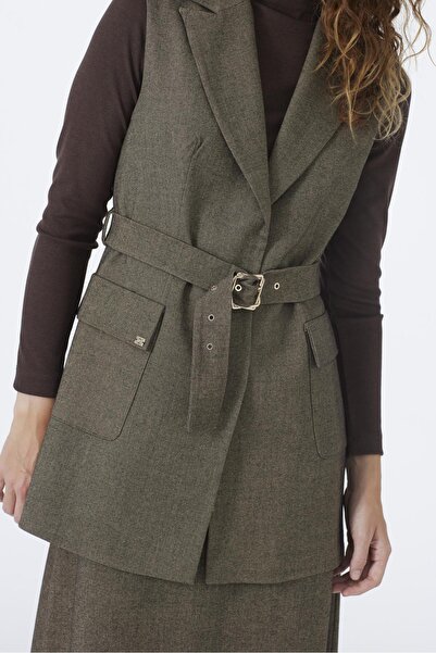 Zühre Double-Breasted Collar Belt and Pocket Detailed Brown Combination Suit Tk-1693