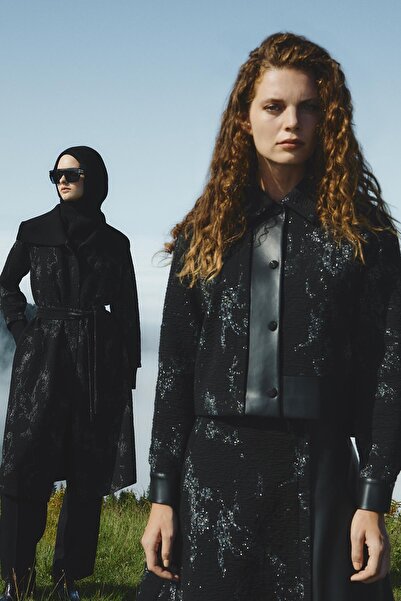 Zühre Jacquard Patterned Leather Detailed Black Double Suit Tk-1657