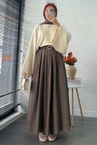 MELEK ARAZ Nervür Detaylı Cepli Poplin Etek – Cappicino