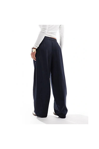 Mokşa Yüksek Bel Denim Görünümlü Lacivert Palozzo Varil Paça Özel Dikim Pantolon