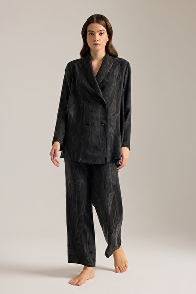 Aker Black Textured Double-Breasted Closure Pajama Top