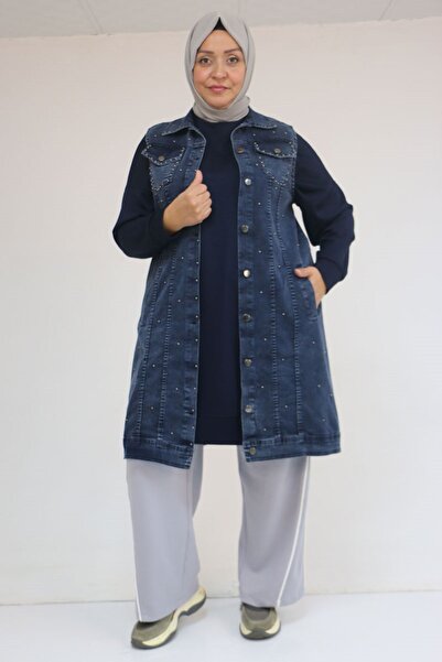 Eslina 54007 Vestă de blugi cu buzunare duble, mărime mare, cu perle - Spălat cu zăpadă, bleumarin