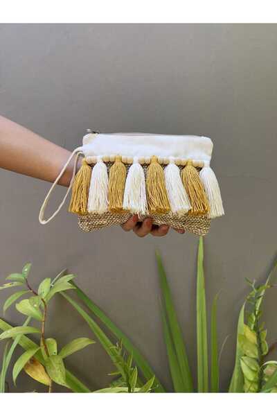 Dathcha Kadın Ham Keten Boncuklu Portföy Clutch Çanta 19x15 Cm
