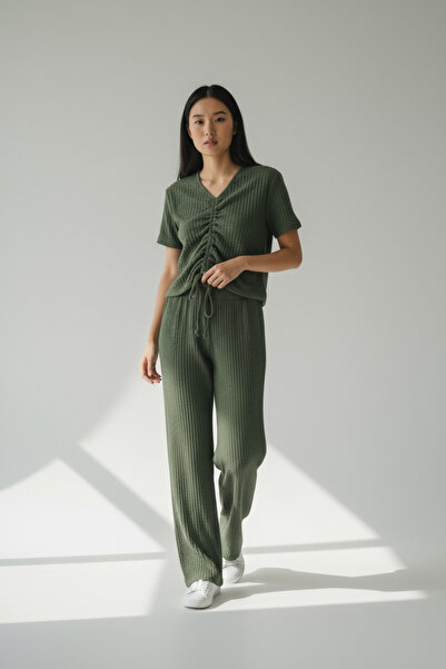 NEWCO bürümcük kumaş pantolon ve bluz ip detaylı gofre ikili takım