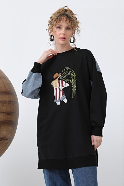 Puane DENİM DETAYLI ÖNÜ KADIN FİGÜRLÜ SWEAT TUNİK