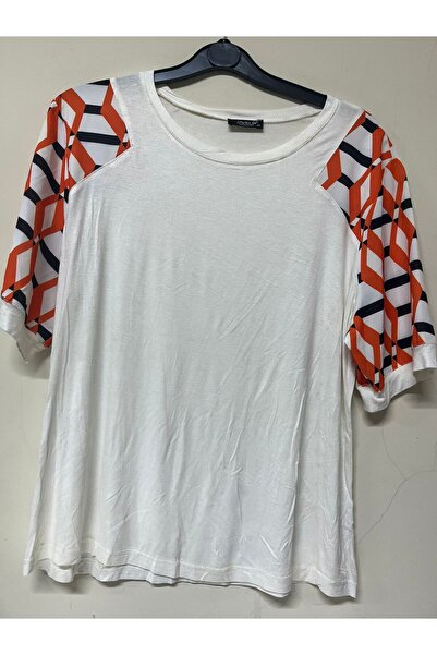 Javelin Collection Short-Sleeved Orange Striped Crew-Neck Viscose Blouse