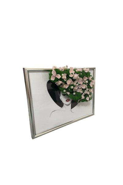 ALVAL Pictură decorativă cu mușchi stabilizat și hortensie criogenizată, doamnă cu pălărie, dimensiune 13x1
