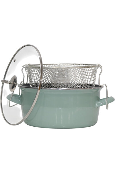 PR HOME Emaye Cam Kapaklı Kızartma Tenceresi 24 cm Soft Yeşil Krom Tepeli