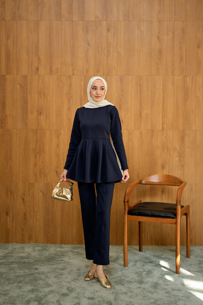 LOCCO Kadın Dikiş Detaylı Pileli Takım Lacivert