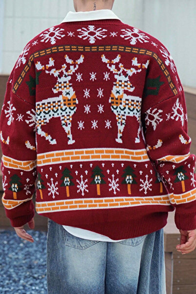 Tarz Cool سترة محبوكة بأكمام طويلة وكتف مكشوف للرجال بنقش الغزلان الحمراء