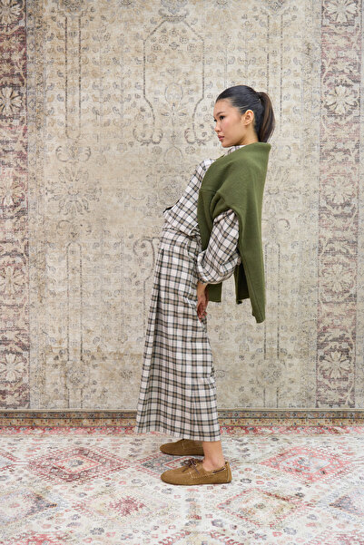 KÜÇÜĞÜM BUTİK Cream Brown Cotton Plaid Pleated Trousers