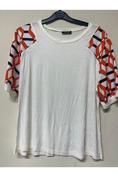 Javelin Collection Short-Sleeved Orange Striped Crew-Neck Viscose Blouse