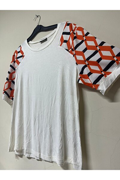 Javelin Collection Short-Sleeved Orange Striped Crew-Neck Viscose Blouse
