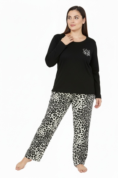 Bravie Set de pijamale lungi din viscoză Elite cu șase modele de leopard, cu text în partea de sus, mărime mare, negru 3588