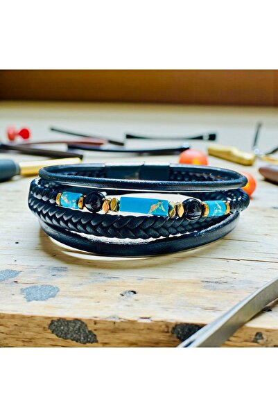 Rachel Silver سوار رجالي من الجلد الطبيعي مع حجر العقيق الفيروزي الطبيعي ومشب...