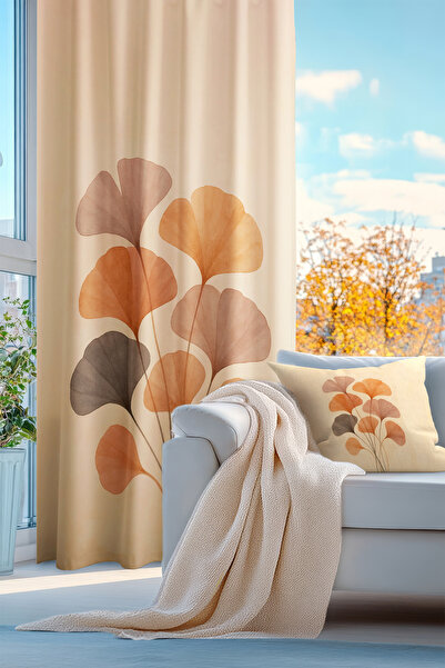 depdekor Bej Salon Mutfak Fon Perdesi Dekoratif, Baskılı Çiçek Desenli (TEK K...