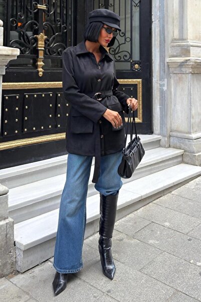 Lijuri Jachetă cămașă midi cu curea și buzunare -NEGRU