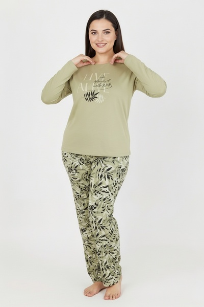 Bravie Elite Viscose Long Plus Size Pajama Set with Six Leaf Pattern and Text on Top Green 3591