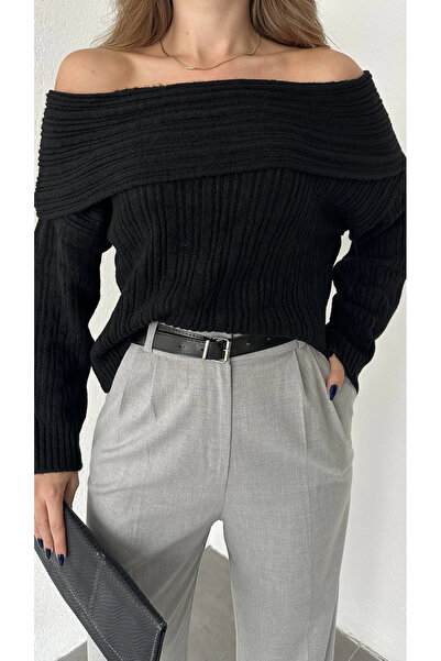 asfamoda Γυναικείο μαύρο πλεκτό πουλόβερ με γιακά Madonna