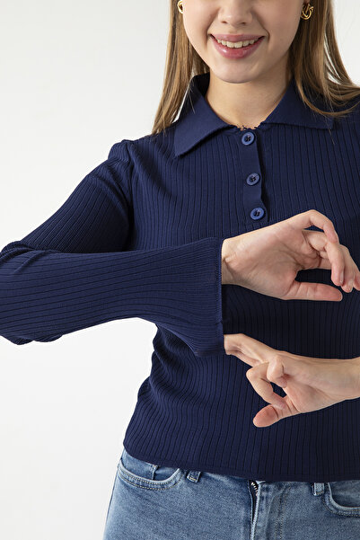 GİYSA Жіночий поло з коміром на ґудзиках, трикотажний боді з резинкою, синій - 25K 2057